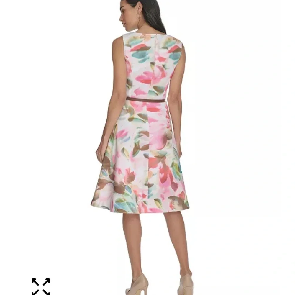 Calvin Klein Women's Floral Belted Jewel-Neck A-Line Dress - Picture 3 of 8